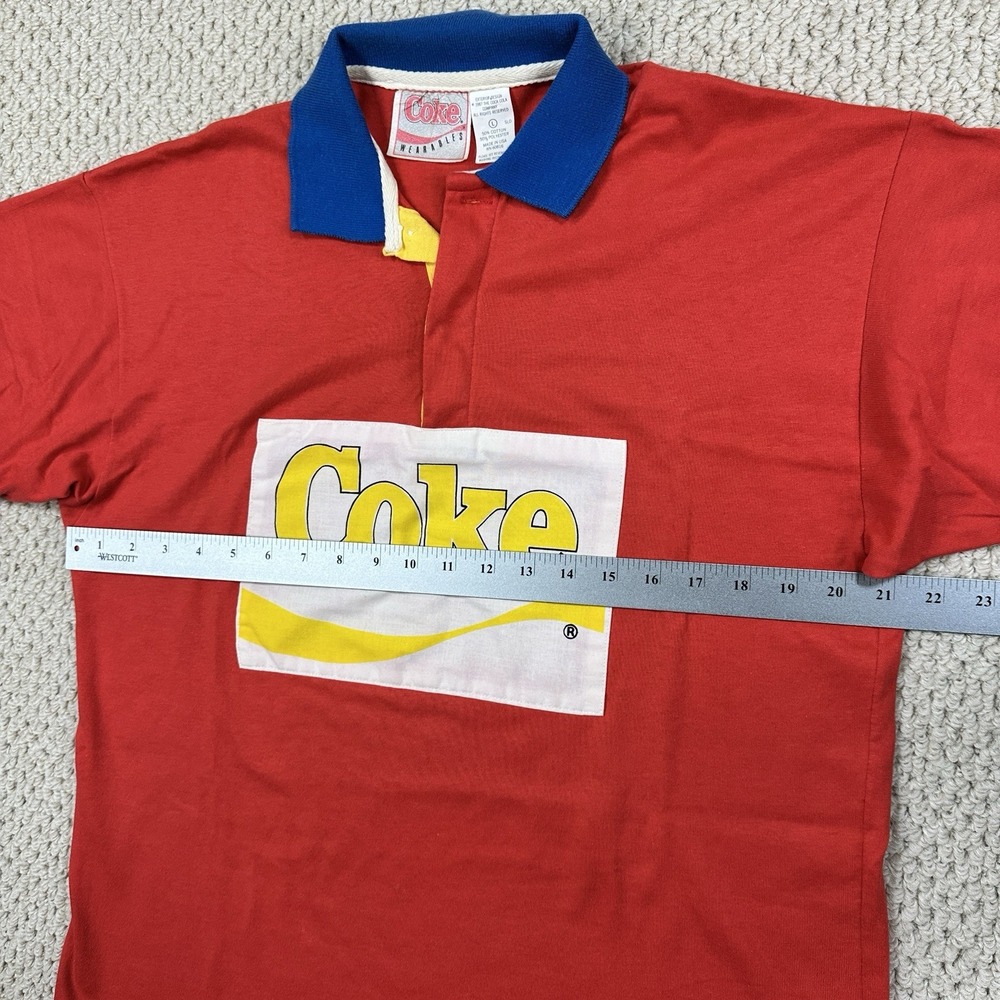 Vtg 80s Coca Cola Rugby Polo Shirt Mens L Coke Wearables 50/50 Logo Made in USA - Picture 7 of 14